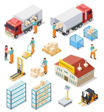 Delivery isometric. Logistic, distribution warehouse, truck with people workers Stock Illustration