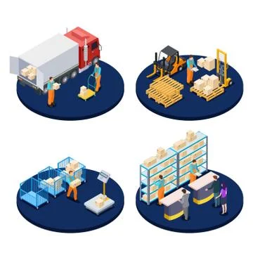 Delivery isometric. Logistic, distribution warehouse, parcel delivery isometric Stock Illustration