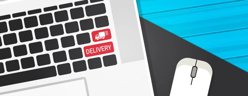 Delivery Key On Computer Keyboard Fast Courier Service Button With Truck Logo Illustrazione stock