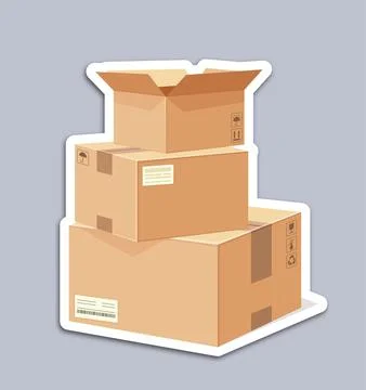 Delivery label. Stack of volumetric cardboard boxes. Logistics, transportation Stock Illustration