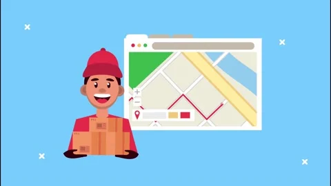Delivery logistic service with map guide in webpage template and worker lifting Stock Footage 144841332