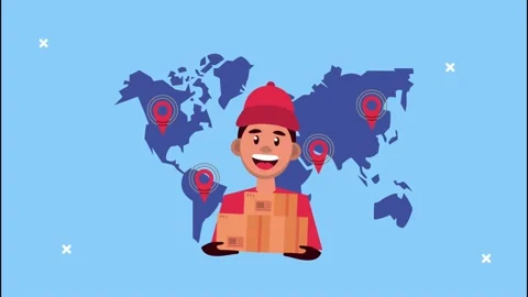 Delivery logistic service with worker lifting box in world planet Stock Footage 144841231
