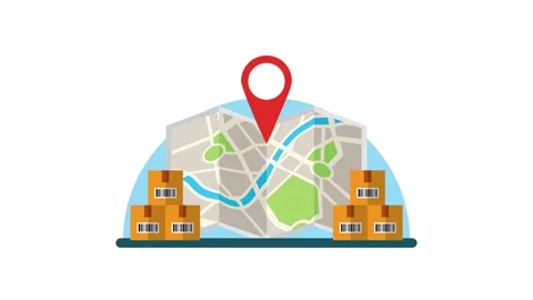 Delivery logistics animation with map pointer and cardboard boxes in motion. Stock Footage 339272966