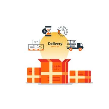 Delivery logistics services icons set, move boxes, loading truck, time 스톡 일러스트