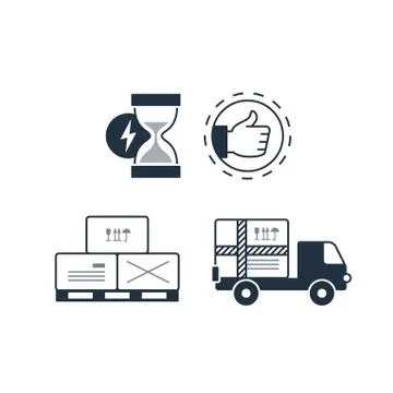 Delivery logistics services icons set, move boxes, loading truck, time Stock Illustration