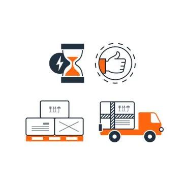 Delivery logistics services icons set, move boxes, loading truck, time Stock Illustration
