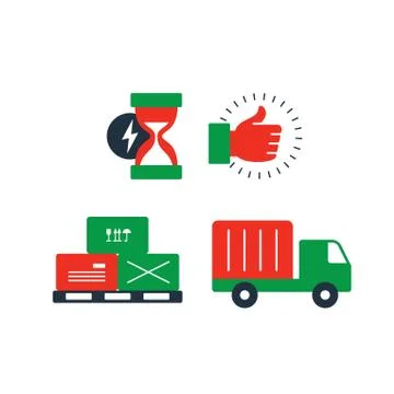 Delivery logistics services icons set, move boxes, loading truck, time Stock Illustration