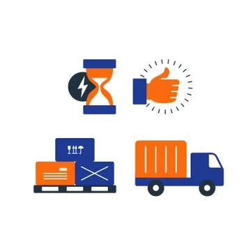 Delivery logistics services icons set, move boxes, loading truck, time Illustrazione stock