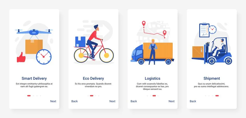 Delivery logistics, shipment technology by various transport mobile app set Stockillustratie