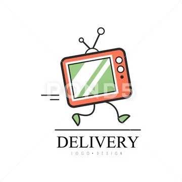 Delivery logo design, creative template with running TV for corporate identity Stock Illustration