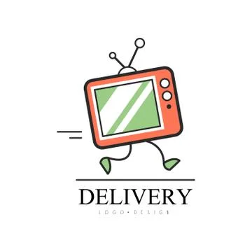 Delivery logo design, creative template with running TV for corporate identity Stock Illustration