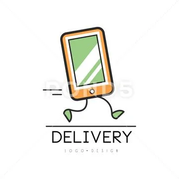 Delivery logo design, creative template with running tablet PC for corporate Stock Illustration
