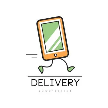 Delivery logo design, creative template with running tablet PC for corporate Stock Illustration