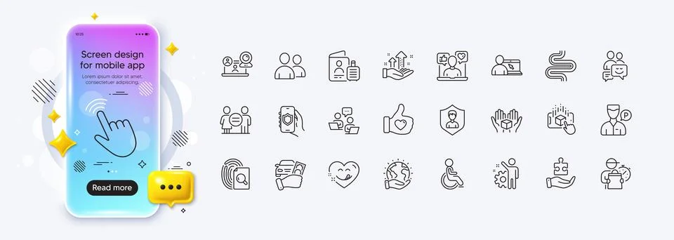 Delivery man, Analysis graph and Teamwork line icons for web app. Pictogram icon Illustrazione stock