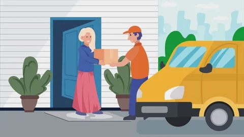 Delivery man arriving with a package and  handing it over to a woman Stock Footage 286370947