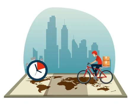 Delivery man with bicycle and boxes in the global map 스톡 일러스트
