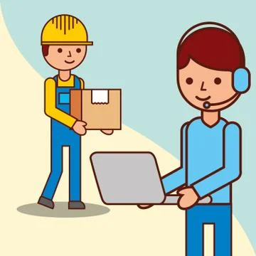 Delivery man with a box and operator man holds laptop Stock Illustration