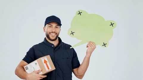 Delivery man, box and speech bubble in portrait for shipping, info or socia.. Stock Photos
