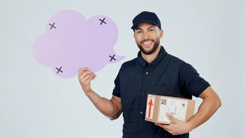 Delivery man, box and speech bubble in studio for shipping, info or social .. Stock Photos