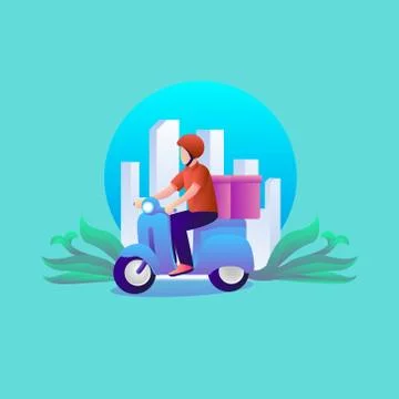 Delivery man with box on motorcycle vector illustration concept Illustrazione stock