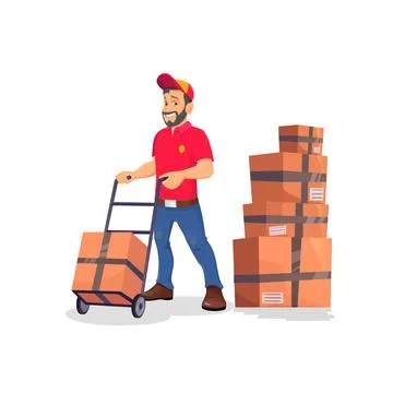 Delivery man with boxes and two weel cart. Stock Illustration