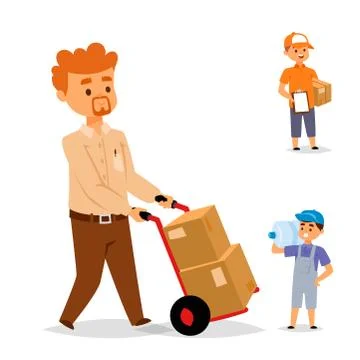 Delivery man boy vector service workers and clients couriers delivering man Stock Illustration
