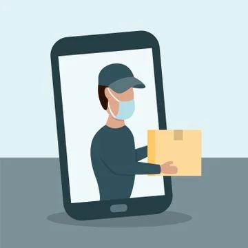 Delivery man brought parcel from smart phone Stock Illustration