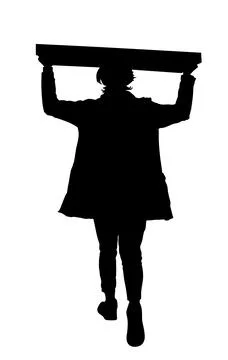 Delivery man carrying box package by hands on head silhouette Stock Illustration