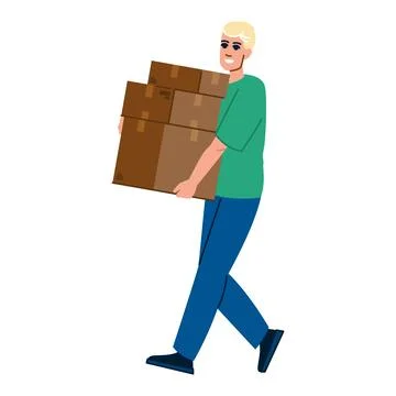 Delivery man carrying stack of cardboard boxes walking and smiling Stock Illustration