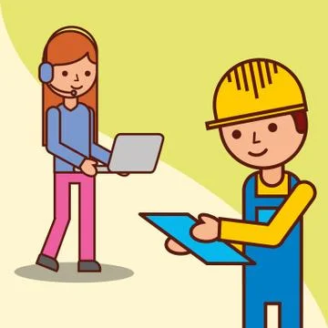 Delivery man checking and operator woman holding laptop Stock Illustration