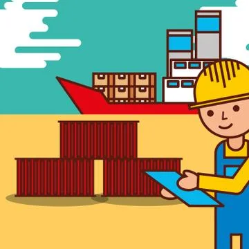 Delivery man checking clipboard logistic containers boat cargo Stock Illustration