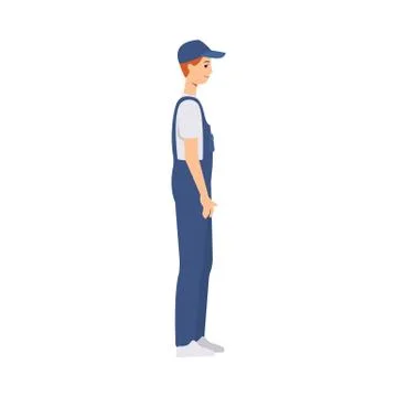 Delivery man, courier and worker in work overalls and a cap stands side view. Illustrazione stock