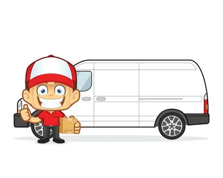 Delivery man courier in front van with cardboard boxes Stock Illustration