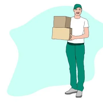 Delivery man, courier with parcel. Vector illustration, flat design Illustrazione stock