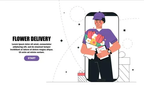 Delivery man, the courier in smartphone screen holding order flowers bouquet for Stock Illustration