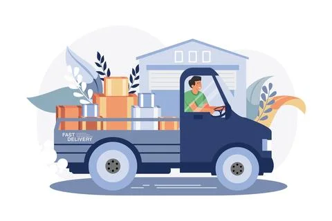 Delivery man deliver multiple packages on the delivery cart Illustration conc Stock Illustration