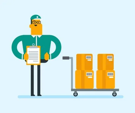 Delivery man delivering parcel boxes on trolley. Illustrazione stock