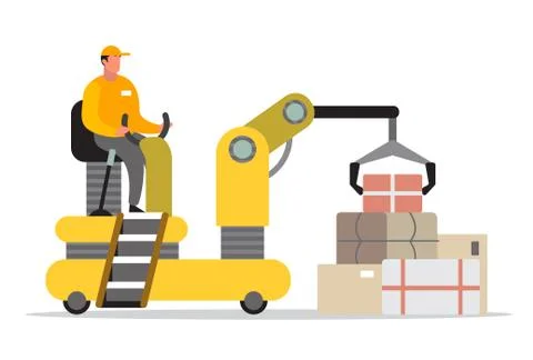 Delivery man driving a loader. Courier in uniform carrying box. Stock Illustration