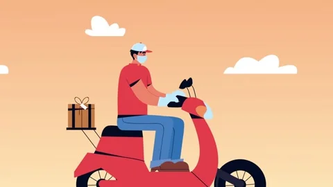 Delivery man driving scooter with gift box on back during pandemic, showing.. Stock Footage 333607914