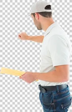 Delivery man with envelop knocking on white background Stock Photos
