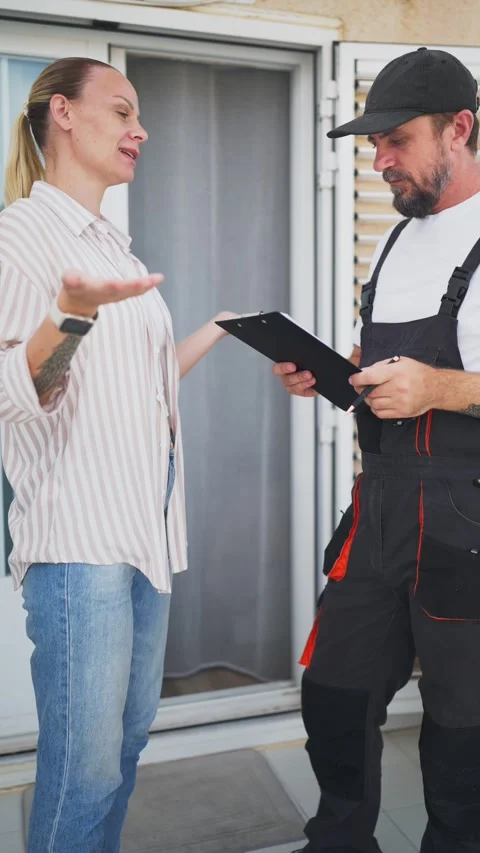 Delivery man explaining documents on clipboard to a woman at her front door.. Video stock 345152733