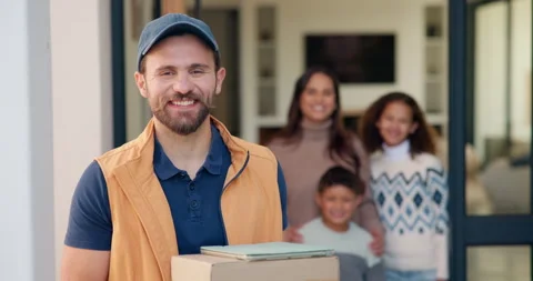 Delivery man, face and box at front door with family for courier service Stock Footage 335798245