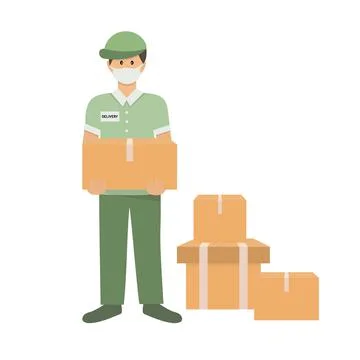 Delivery man in a face mask with a boxes. Stock Illustration