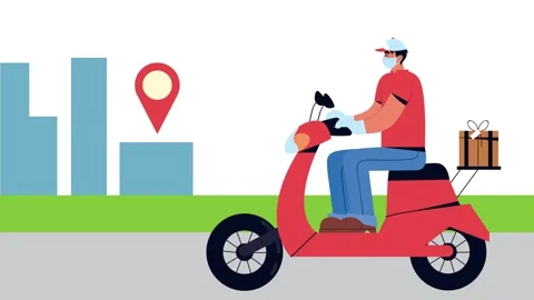 Delivery man in face mask riding scooter with gift box to specified locatio.. Stock Footage 333721990