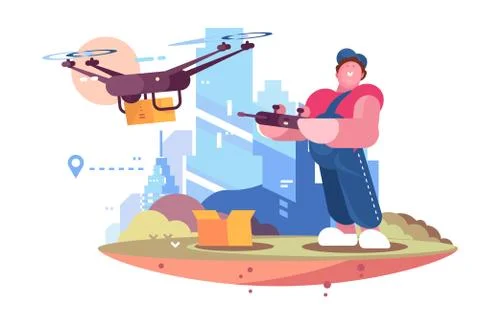 Delivery man in form controlling drone behind city Stock Illustration