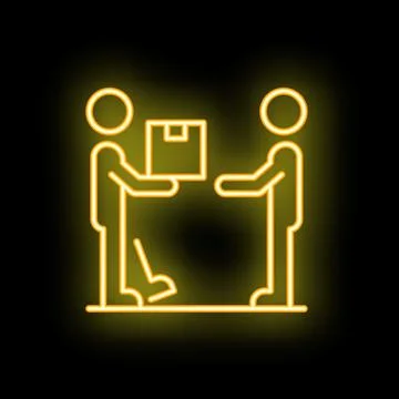 Delivery man giving parcel to customer neon sign icon Illustrazione stock