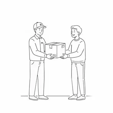 Delivery man handing package to smiling customer, line art style Silhouette Ilustración de archivo