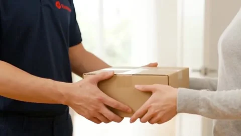 Delivery Man Hands a Cardboard Box to a Woman at Her Front Door. Stock Footage 315379029