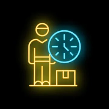 Delivery man holding clock express delivery service neon sign 스톡 일러스트