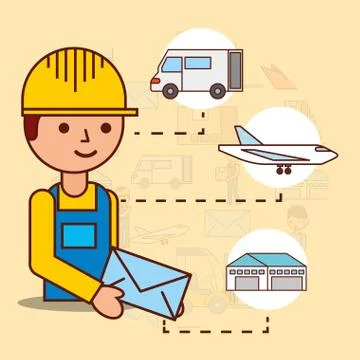Delivery man holding envelope mail van plane and warehouse 스톡 일러스트
